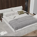 Modern Double Bed With Wooden Wall Panel Pillows Blanket Nightstand And Snow View