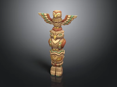 Traditional Wooden Totem Pole With Stacked Owl Figures And Colorful Carvings 3d model