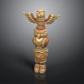 Traditional Wooden Totem Pole With Stacked Owl Figures And Colorful Carvings