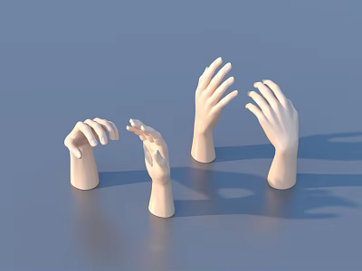 Four White Hand Models Display Various Poses Against Blue Background 3d model