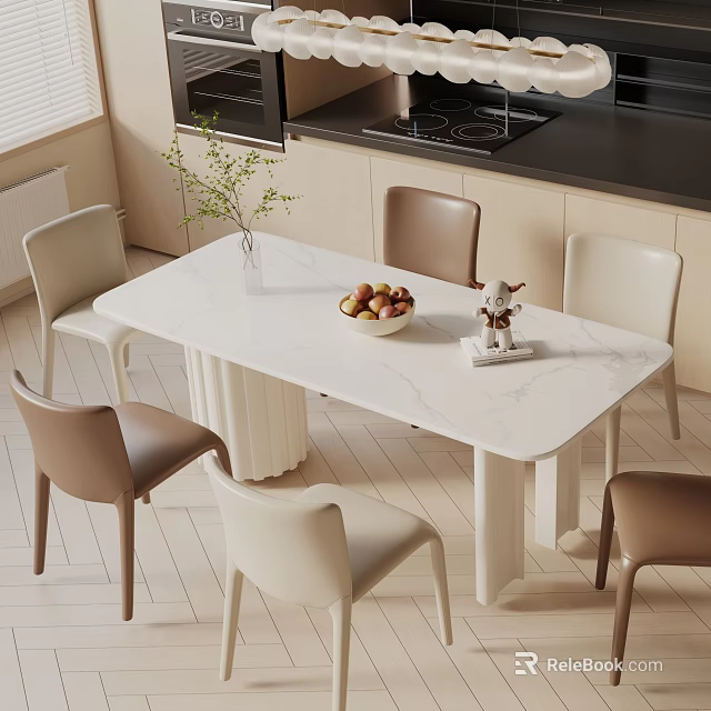 Modern Dining Table Set With Marble Top Beige White Chairs And Fruit Bowl In Kitchen 3d model 
