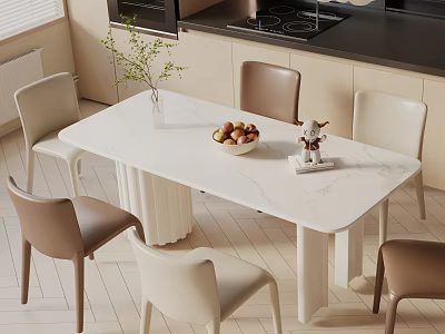 Modern Dining Table Set With Marble Top Beige White Chairs And Fruit Bowl In Kitchen 3d model