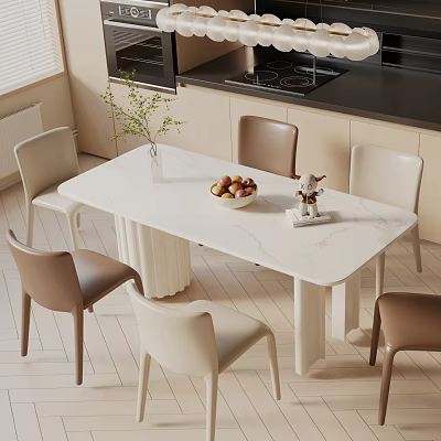 Modern Dining Table Set With Marble Top Beige White Chairs And Fruit Bowl In Kitchen 3d model
