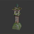 Traditional Stone Lantern With Moss Covered Top And Carved Base Structure