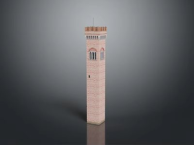 Scenic View Of Brick Red Tower With Windows And Crenellated Top 3d model