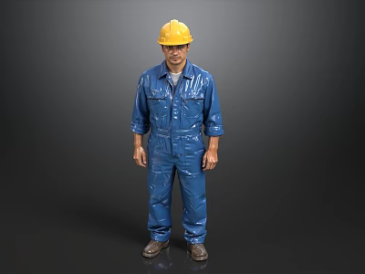 A Man in Blue Work Uniform Wearing Yellow Hard Hat Standing Against Dark Background 3d model