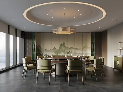 Private Dining Room With Round Table Chairs Landscape Painting Wall And Large Windows View 3d model