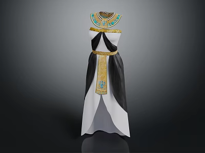 Egyptian Inspired Long Dress With White Black Fabric And Gold Decorative Belt Necklace 3d model