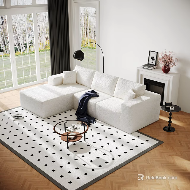 White L Shaped Sofa And Round Coffee Table Set On Black White Checkered Rug With Large Windows 3d model