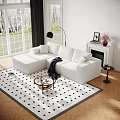 White L Shaped Sofa And Round Coffee Table Set On Black White Checkered Rug With Large Windows 3d model