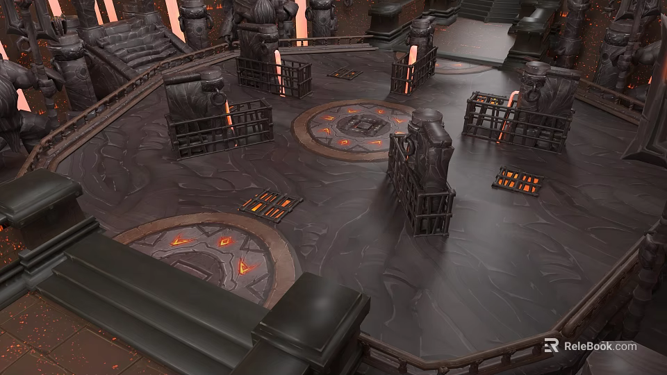 Immersive Console Game Store Interior With Stone Structures Circular Platforms And Fire Elements 3d model 