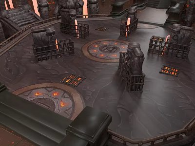 Immersive Console Game Store Interior With Stone Structures Circular Platforms And Fire Elements 3d model