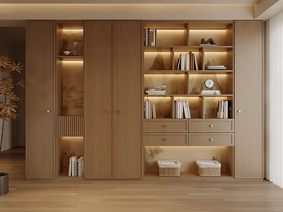 Modern Wooden Bookcase With Built in Lighting And Storage Shelves For Books And Decorations 3d model