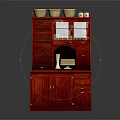 Elegant Red Wooden Storage Cabinet With Glass Doors Drawers And Top Containers