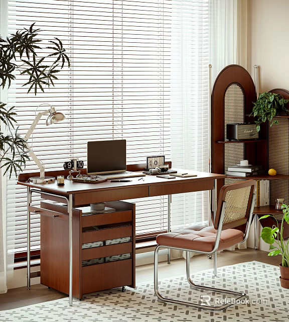 Wooden Desk Setup With Laptop Desk Lamp Chair And Green Plants 3d model 