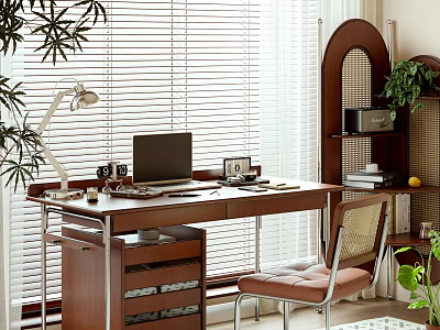 Wooden Desk Setup With Laptop Desk Lamp Chair And Green Plants 3d model