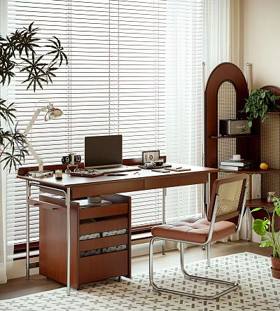 Wooden Desk Setup With Laptop Desk Lamp Chair And Green Plants 3d model