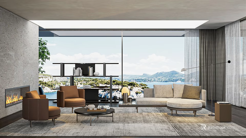 Modern Cozy Living Room With Sofa Armchair Coffee Table And Sea Mountain View 3d model 