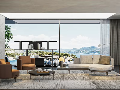Modern Cozy Living Room With Sofa Armchair Coffee Table And Sea Mountain View 3d model