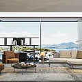 Modern Cozy Living Room With Sofa Armchair Coffee Table And Sea Mountain View