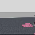 Summer Interactive Zone With Pink Palm Trees Black White Striped Umbrellas And Surfboards