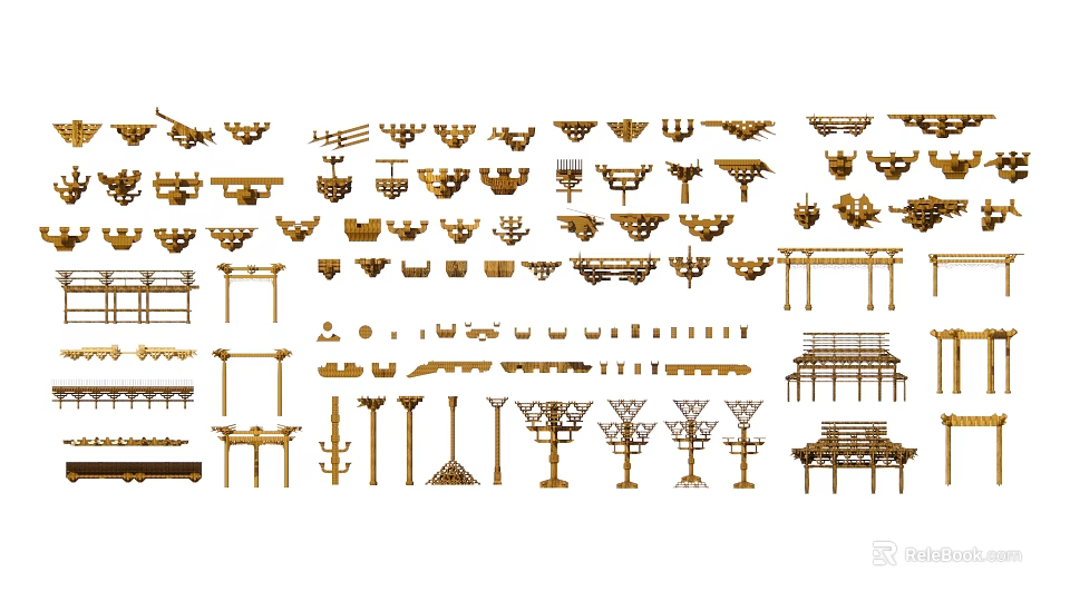 Various Types Of Ornate Golden Architectural Components With Brackets Beams Frames And Supports 3d model 