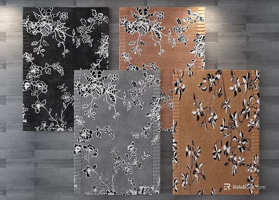 Square Rugs in Black Brown Gray with Stylish Floral Patterns for Living Room 3d model 