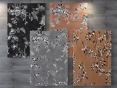 Square Rugs in Black Brown Gray with Stylish Floral Patterns for Living Room 3d model