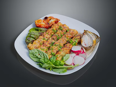 Grilled Herb Seasoned Meat with Fresh Lettuce Basil Radish and Roasted Onion on White Plate 3d model