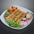 Grilled Herb Seasoned Meat with Fresh Lettuce Basil Radish and Roasted Onion on White Plate