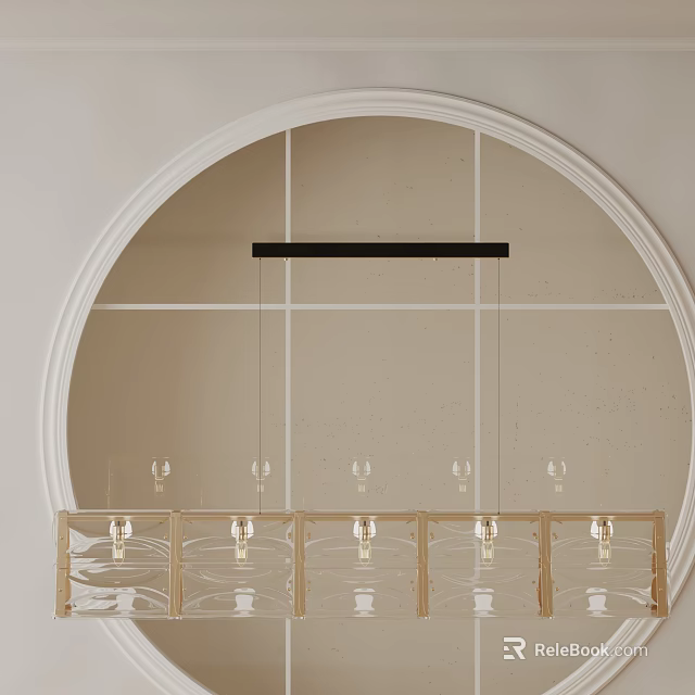 Black Linear Chandelier with Transparent Glass Shades Over Golden Cabinet Circular White Frame Beige Wall 3d model 