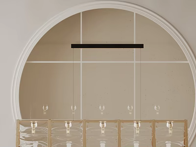 Black Linear Chandelier with Transparent Glass Shades Over Golden Cabinet Circular White Frame Beige Wall 3d model