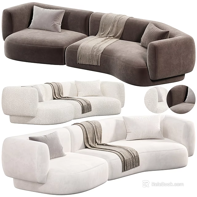 Modern Sectional Sofa in Gray and White with Soft Blanket and Pillows 3d model