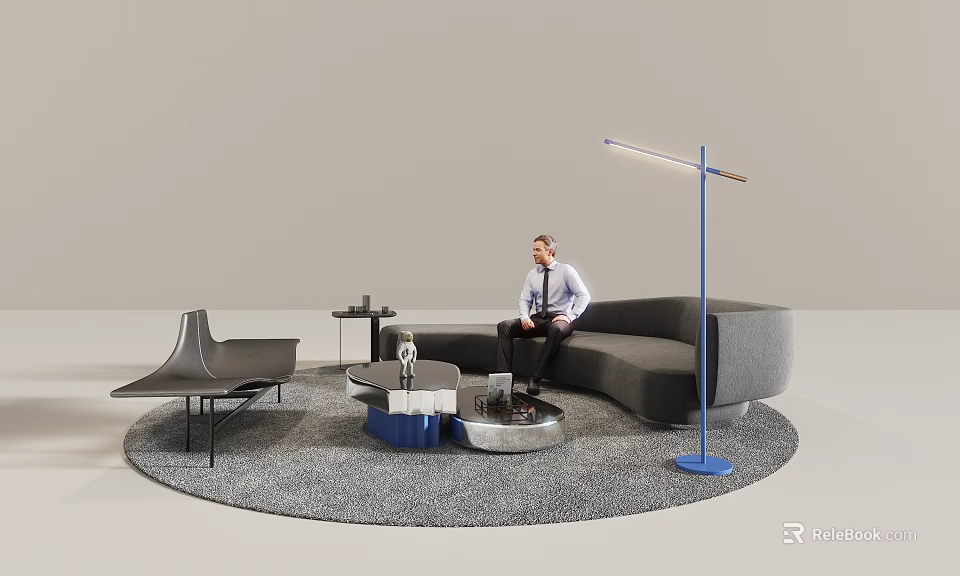 Gray Sofa Coffee Table Set With Round Table Blue Floor Lamp Chair And Gray Rug 3d model 