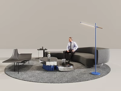 Gray Sofa Coffee Table Set With Round Table Blue Floor Lamp Chair And Gray Rug 3d model