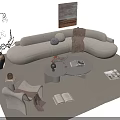 Modern Beige Curved Sofa and Round Coffee Table Set with Books Vases and Decorative Rug