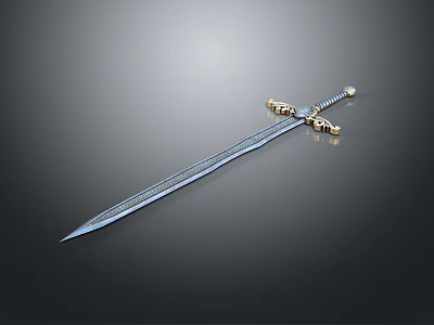 Antique Ornate Steel Sword With Engraved Blade And Gold Decorated Hilt 3d model