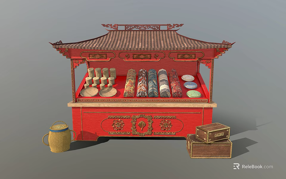 Traditional Chinese Vendor Stall Red Wooden Structure With Ornate Roof Scrolls Bowls Bamboo Basket Boxes 3d model 