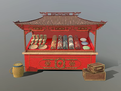 Traditional Chinese Vendor Stall Red Wooden Structure With Ornate Roof Scrolls Bowls Bamboo Basket Boxes 3d model