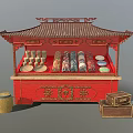 Traditional Chinese Vendor Stall Red Wooden Structure With Ornate Roof Scrolls Bowls Bamboo Basket Boxes