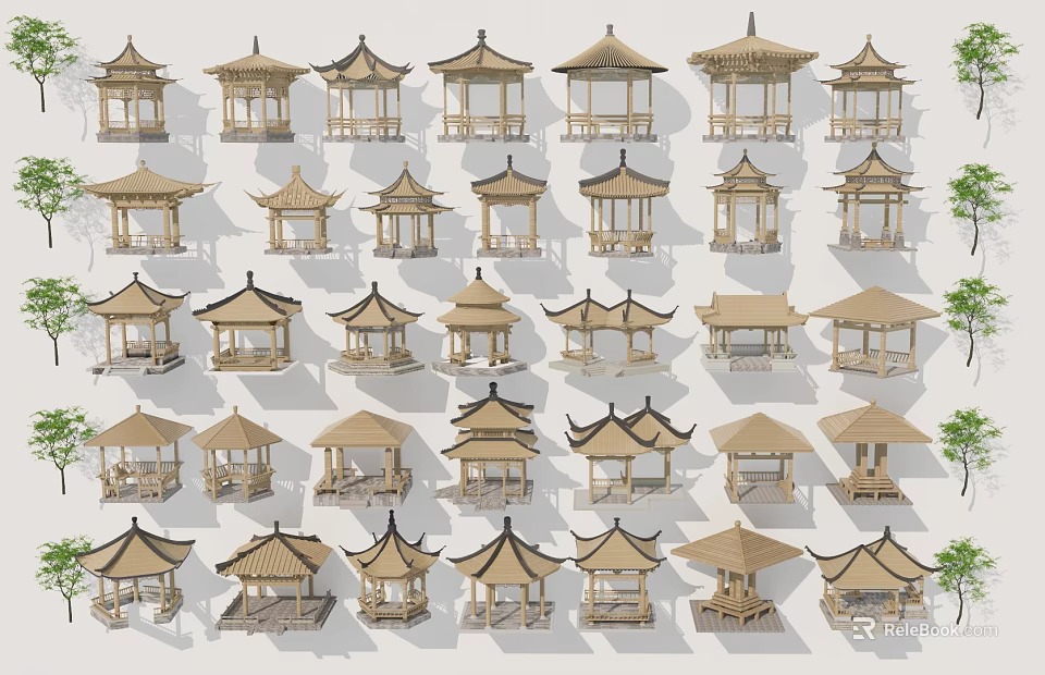 Traditional Chinese Pavilion Designs Showcasing Various Classical Roof Styles And Wooden Structures 3d model 