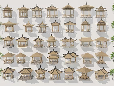 Traditional Chinese Pavilion Designs Showcasing Various Classical Roof Styles And Wooden Structures 3d model
