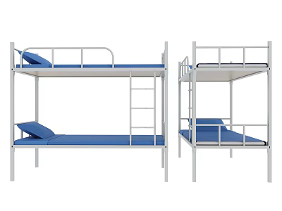 Sturdy White Metal Bunk Beds With Blue Mattress And Ladder For Bedroom 3d model