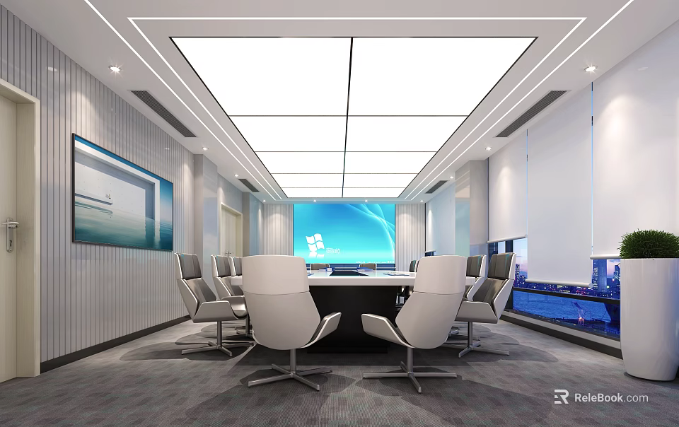 Modern Meeting Room Interior With Large Conference Table White Chairs Large Screen And City View 3d model 