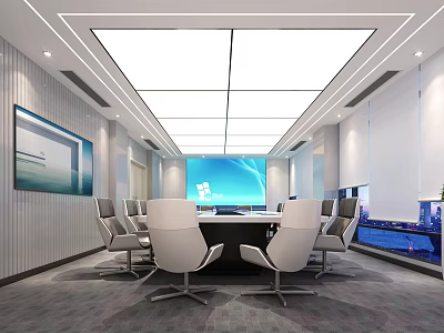Modern Meeting Room Interior With Large Conference Table White Chairs Large Screen And City View 3d model