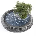 Stylish Garden Feature with Circular Water Flow Stone Steps Green Grass and Tree
