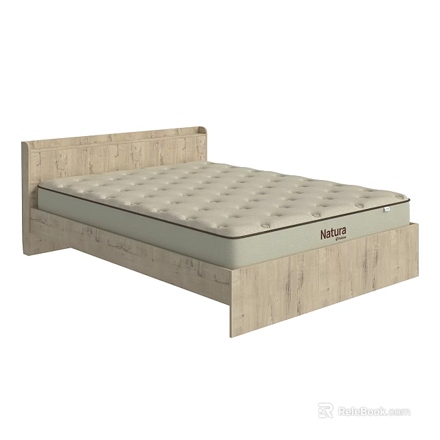 Minimalist Light Wood Double Bed Frame With Comfortable Natura Mattress 3d model 