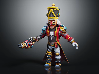 Nutcracker Soldier Character In Red Military Uniform With Ornate Hat And Mechanical Weapon 3d model