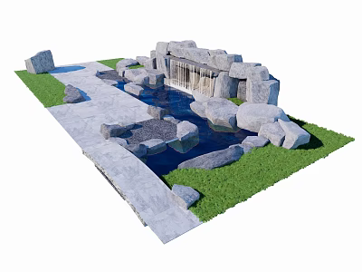Small Natural Stone Waterfall Garden With Pond Grass And Pathway Design 3d model