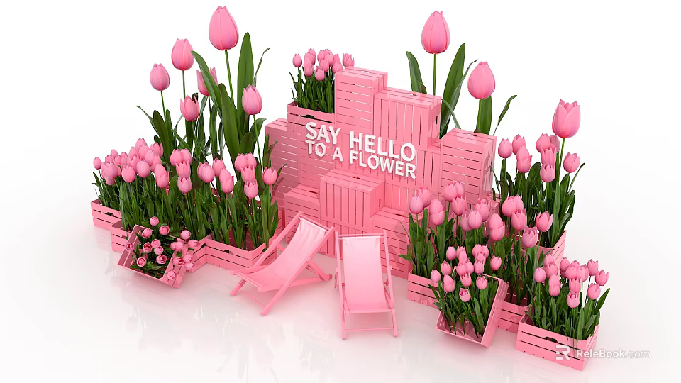 Pink Tulip Flower Displays in Wooden Planters with Deck Chairs and Hello Sign 3d model 
